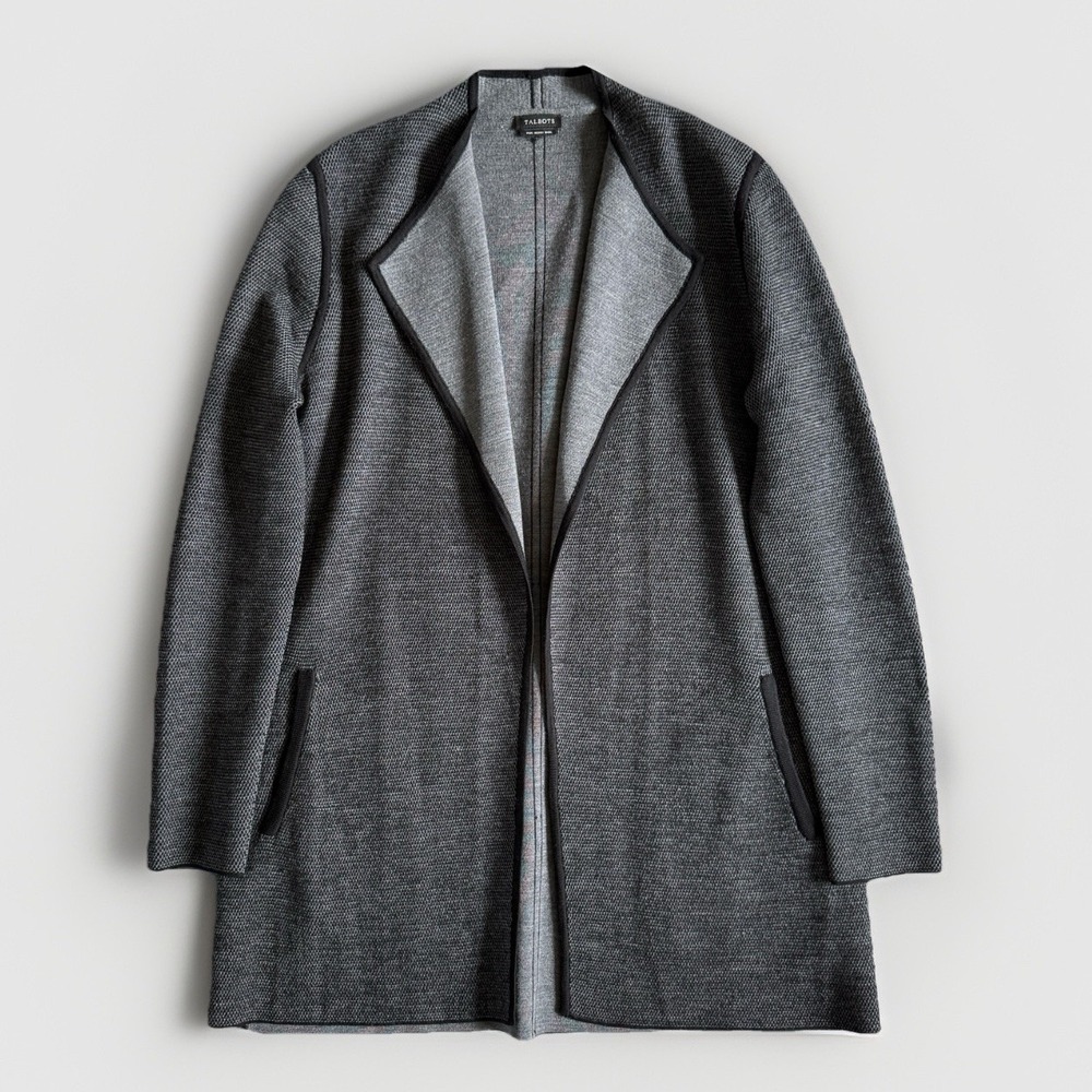 Talbots 100% Merino Wool Long Cardigan Sz L/XL Open Gray Quiet Luxury Minimalist